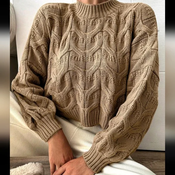 Mock Neck Drop Shoulder Cable Knit Sweater - Picture 3 of 4